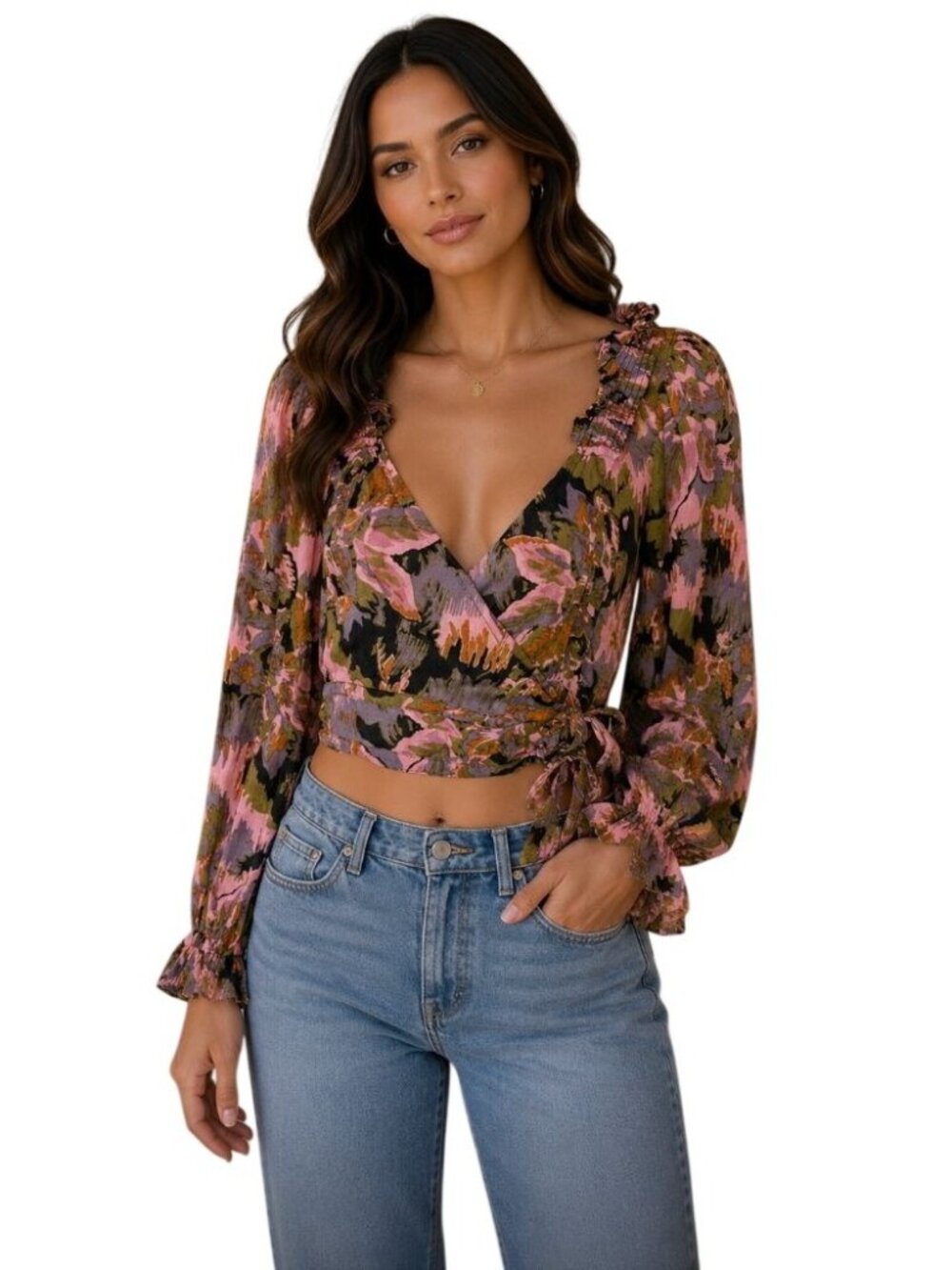 Cleobella Leighton Floral Wrap Crop Top with Puff Sleeves & Tie Details - Size S